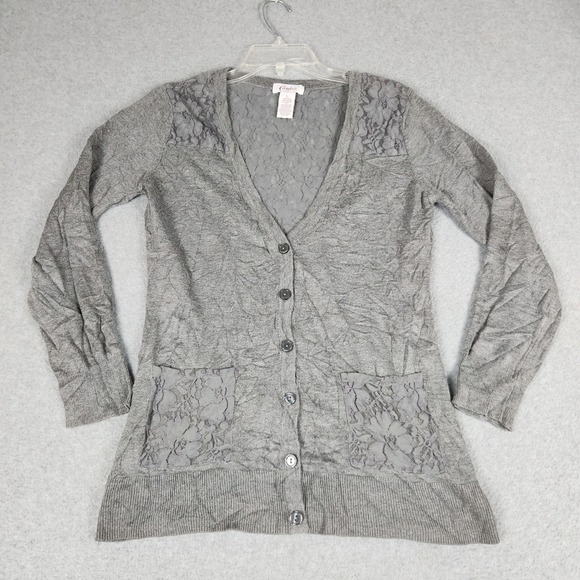 Candie's Sweaters - Candie's Cardigan Sweater Womens Large Gray Lace Back Floral Knit Button Front